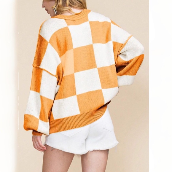 Checkers Orange White Oversized Knit Pullover Sweater - Picture 8 of 13
